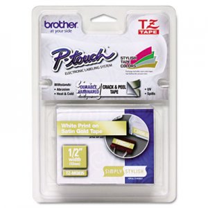 Brother P-Touch TZEMQ835 TZ Standard Adhesive Laminated Labeling Tape, 1/2" x 16.4 ft., White/Satin Gold BRTTZEMQ835