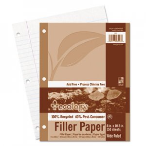 Pacon 3203 Ecology Filler Paper, 8 x 10-1/2, Wide Ruled, 3-Hole Punch, White, 150 Sheets/PK PAC3203