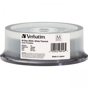 Verbatim 98916 M-Disc BDXL 100GB 4X White Thermal Printable, Hub Printable - 25pk Spindle