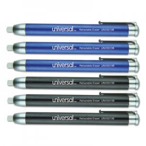 Universal UNV55106 Pen-Style Retractable Eraser, White Thermo-Plastic Rubber Eraser, Assorted Barrel Colors, 6/Pack