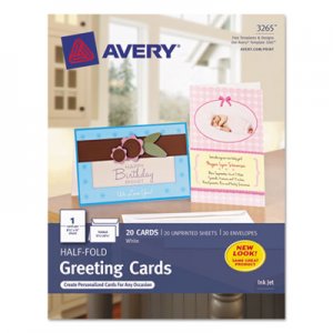 Avery AVE3265 Half-Fold Greeting Cards, Inkjet, 5 1/2 x 8.5, Matte White, 20/Box w/Envelopes