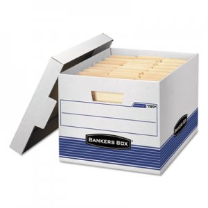 Bankers Box 0078907 STOR/FILE Med-Duty Letter/Legal Storage Boxes, Locking Lid, White/Blue, 4/Carton FEL0078907