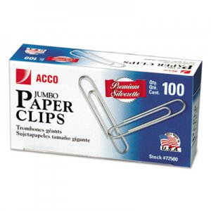 ACCO 72500 Smooth Finish Premium Paper Clips, Metal Wire, Jumbo, Silver, 100/BX, 10 BX/PK ACC72500