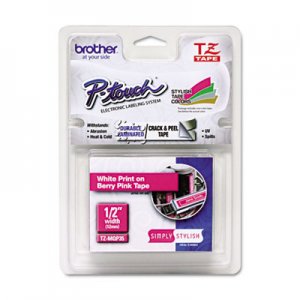 Brother P-Touch TZEMQP35 TZ Standard Adhesive Laminated Labeling Tape, 1/2" x 16.4 ft., White/Berry Pink BRTTZEMQP35