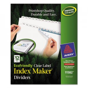 Avery 11582 Print & Apply Clear Label Dividers w/White Tabs, 12-Tab, Letter, 5 Sets AVE11582