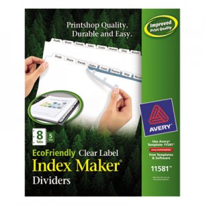 Avery 11581 Print & Apply Clear Label Dividers w/White Tabs, 8-Tab, Letter, 5 Sets AVE11581