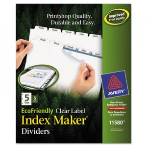 Avery 11580 Print & Apply Clear Label Dividers w/White Tabs, 5-Tab, Letter, 5 Sets AVE11580