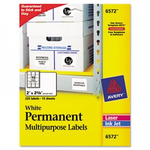Avery 6572 Permanent ID Labels, Laser/Inkjet, 2 x 2 5/8, White, 225/Pack AVE6572