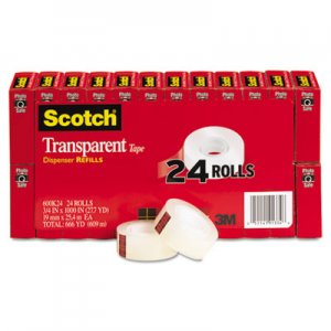 Scotch 600K24 Transparent Tape, 3/4" x 1000", 1" Core, Clear, 24/Pack MMM600K24