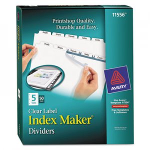 Avery 11556 Print & Apply Clear Label Dividers w/White Tabs, 5-Tab, Letter, 50 Sets AVE11556