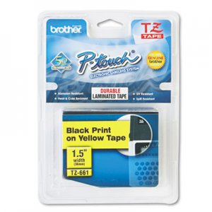 Brother P-Touch TZE661 TZe Standard Adhesive Laminated Labeling Tape, 1-1/2"w, Black on Yellow BRTTZE661