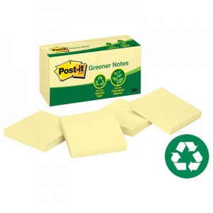 Post-it Greener Notes MMM654RPYW Recycled Note Pads, 3 x 3, Canary Yellow, 100-Sheet, 12/Pack 654-RP-YW