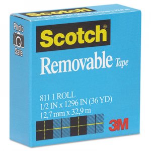 Scotch MMM811121296 Removable Tape, 1/2" x 1296", 1" Core 811-12-1296