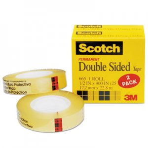Scotch MMM6652PK Double-Sided Tape, 1" Core, 0.5" x 75 ft, Clear, 2/Pack