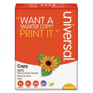 Universal UNV20030 30% Recycled Copy Paper, 92 Bright, 20 lb, 8.5 x 11, White, 500 Sheets/Ream, 10 Reams