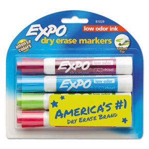 EXPO 81029 Low Odor Dry Erase Marker, Chisel Tip, Classic Colors Assorted, 4/Set SAN81029