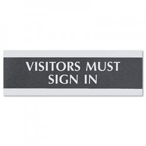 Headline Sign 4763 Century Series Office Sign, VISITORS MUST SIGN IN, 9 x 3, Black/Silver USS4763