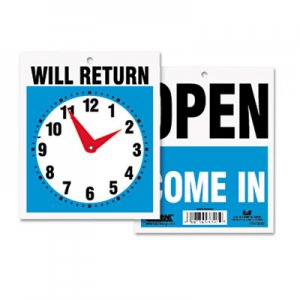 Headline Sign 9382 Double-Sided Open/Will Return Sign w/Clock Hands, Plastic, 7 1/2 x 9 USS9382