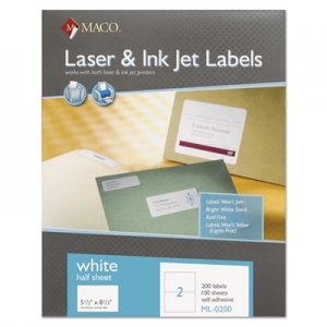 Maco MACML0200 White Laser/Inkjet Internet Shipping Labels, 5 1/2 x 8 1/2, 200/Box ML-0200