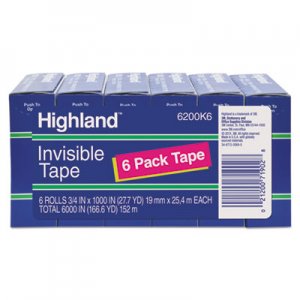Highland 6200K6 Invisible Permanent Mending Tape, 3/4" x 1000", 1" Core, Clear, 6/Pack MMM6200K6