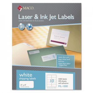 Maco MACML1000 White Laser/Inkjet Shipping & Address Labels, 2 x 4, 1000/Box ML-1000
