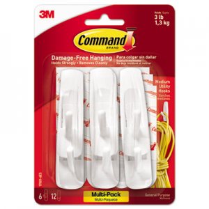 Command MMM170016ES General Purpose Hooks, Medium, 3lb Cap, White, 6 Hooks & 12 Strips/Pack