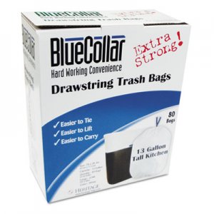 BlueCollar N4828EWRC1 Drawstring Trash Bags, 13gal, 0.8mil, 24 x 28, White, 80/Box HERN4828EWRC1