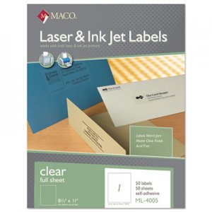 Maco MACML4005 Laser/Inkjet Matte Clear Full Sheet Labels, 8 1/2 x 11, 50/Box ML-4005