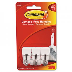Command 17067ES General Purpose Hooks, Small, Holds 1lb, White, 3 Hooks & 6 Strips/Pack MMM17067ES