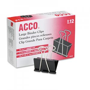 ACCO 72100 Large Binder Clips, Steel Wire, 1 1/16" Cap, 2"w, Black/Silver, Dozen ACC72100