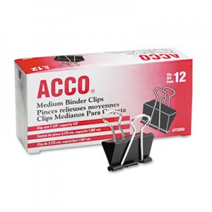 ACCO 72050 Medium Binder Clips, Steel Wire, 5/8" Cap, 1 1/4"w, Black/Silver, Dozen ACC72050