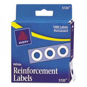 Avery 05720 Dispenser Pack Hole Reinforcements, 1/4" Dia, White, 1000/Pack AVE05720