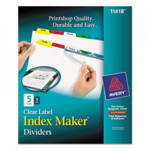 Avery 11418 Print & Apply Clear Label Dividers w/Color Tabs, 5-Tab, Letter, 5 Sets AVE11418