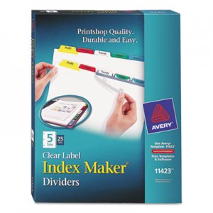 Avery 11423 Print & Apply Clear Label Dividers w/Color Tabs, 5-Tab, Letter, 25 Sets AVE11423