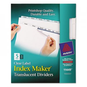 Avery 11449 Index Maker Print & Apply Clear Label Plastic Dividers, 5-Tab, Letter AVE11449