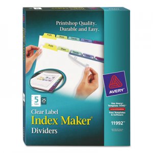 Avery 11992 Print & Apply Clear Label Dividers w/Color Tabs, 5-Tab, Letter, 25 Sets AVE11992