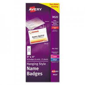 Avery 74520 Neck Hang Badge Holder w/Laser/Inkjet Insert, Top Load, 3 x 4, White, 50/BX AVE74520