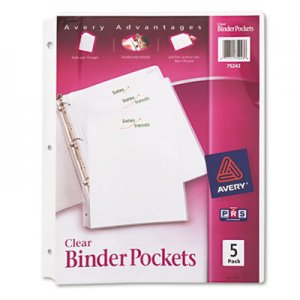 Avery 75243 Binder Pockets, 3-Hole Punched, 9 1/4 x 11, Clear, 5/Pack AVE75243