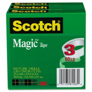 Scotch MMM810723PK Magic Tape, 1" x 2592", 3" Core, 3/Pack 810-72-3PK