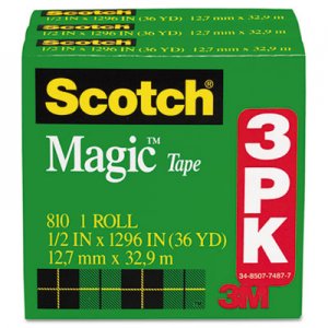 Scotch 810H3 Magic Tape Refill, 1/2" x 1296", 3/Pack MMM810H3