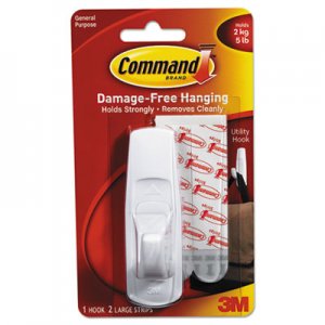 Command 17003ES General Purpose Hooks, 5lb Capacity, Plastic, White, 1 Hook & 2 Strips/Pack MMM17003ES