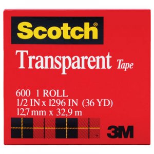 Scotch 600121296 Transparent Tape, 1/2" x 1296", 1" Core, Clear MMM600121296