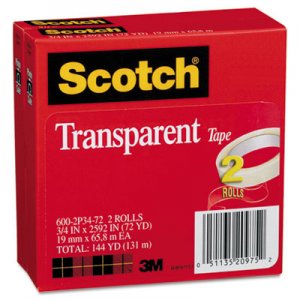 Scotch MMM6002P3472 Transparent Tape 600 2P34 72, 3/4" x 2592", 3" Core, Transparent, 2/Pack 600-2P34-72