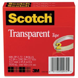 Scotch MMM6002P1272 Transparent Tape 600 2P12 72, 1/2" x 2592", 3" Core, Transparent, 2/Pack 600-2P12-72