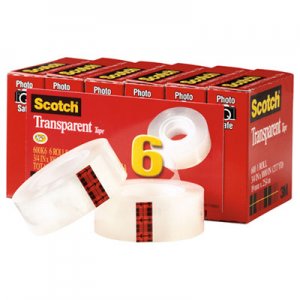 Scotch 600K6 Transparent Tape, 3/4" x 1000", 1" Core, Clear, 6/Pack MMM600K6