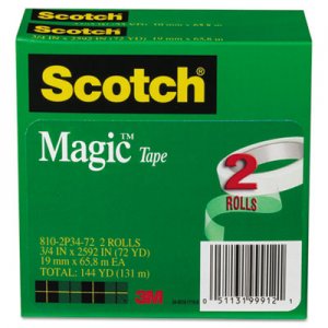 Scotch MMM8102P3472 Magic Tape, 3/4" x 2592", 3" Core, 2/Pack 810-2P34-72