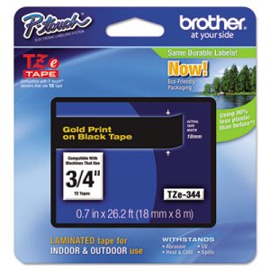Brother P-Touch TZE344 TZe Standard Adhesive Laminated Labeling Tape, 3/4w, Gold on Black BRTTZE344