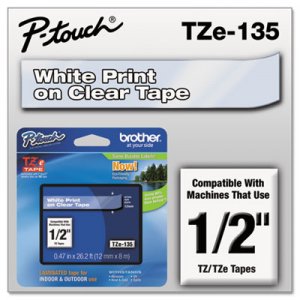 Brother P-Touch TZE135 TZe Standard Adhesive Laminated Labeling Tape, 1/2w, White on Clear BRTTZE135