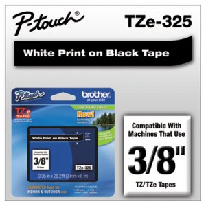 Brother P-Touch TZE325 TZe Standard Adhesive Laminated Labeling Tape, 3/8w, White on Black BRTTZE325