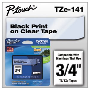 Brother P-Touch TZE141 TZe Standard Adhesive Laminated Labeling Tape, 3/4w, Black on Clear BRTTZE141